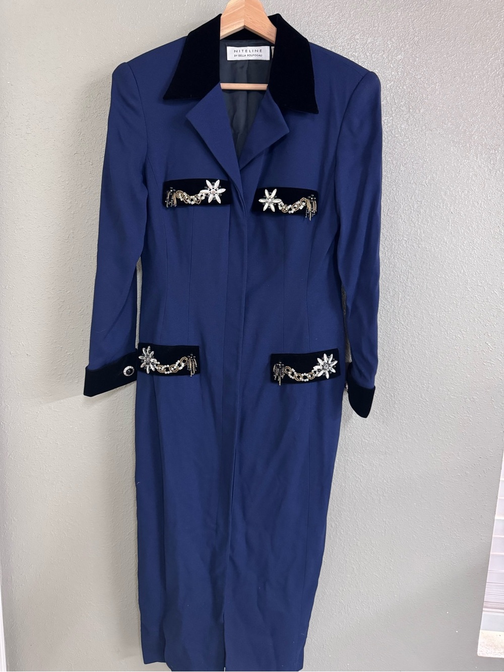 Vintage-Inspired Navy Long Sleeve Embellished Dress